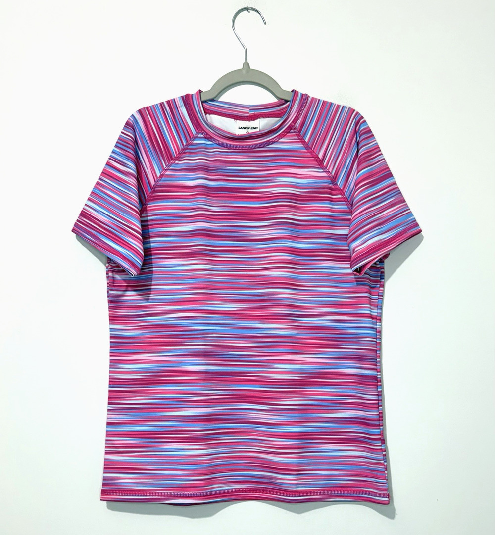 Lands End Girls Swim Tankini Top XL 14-16 Blurred Wave Purple Short Sleeve